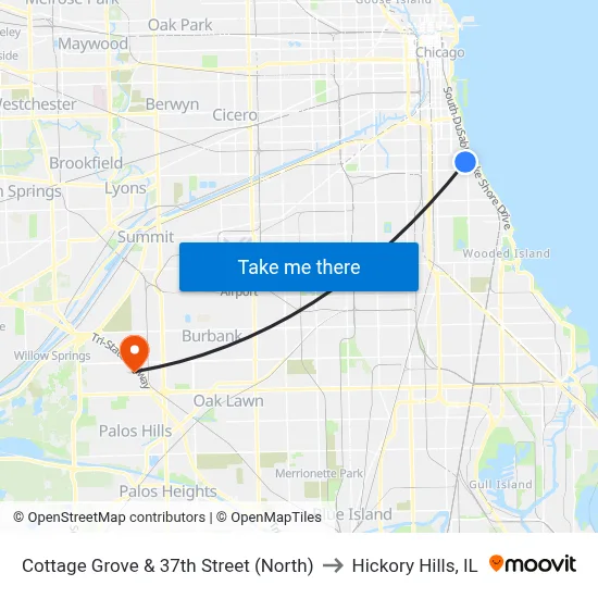 Cottage Grove & 37th Street (North) to Hickory Hills, IL map