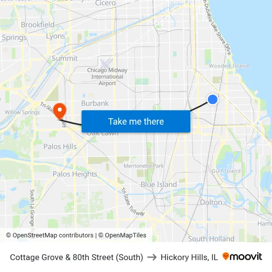 Cottage Grove & 80th Street (South) to Hickory Hills, IL map
