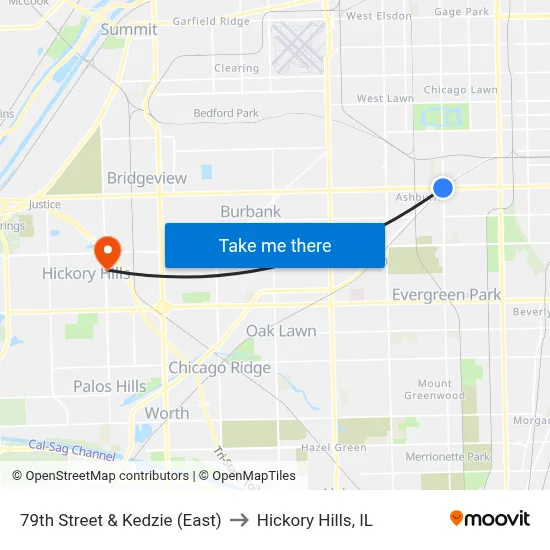 79th Street & Kedzie (East) to Hickory Hills, IL map