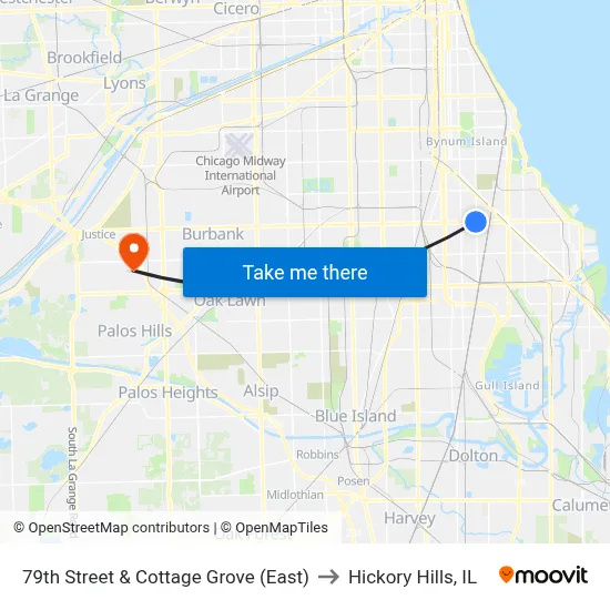 79th Street & Cottage Grove (East) to Hickory Hills, IL map