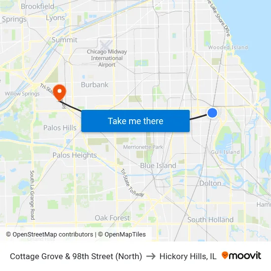 Cottage Grove & 98th Street (North) to Hickory Hills, IL map