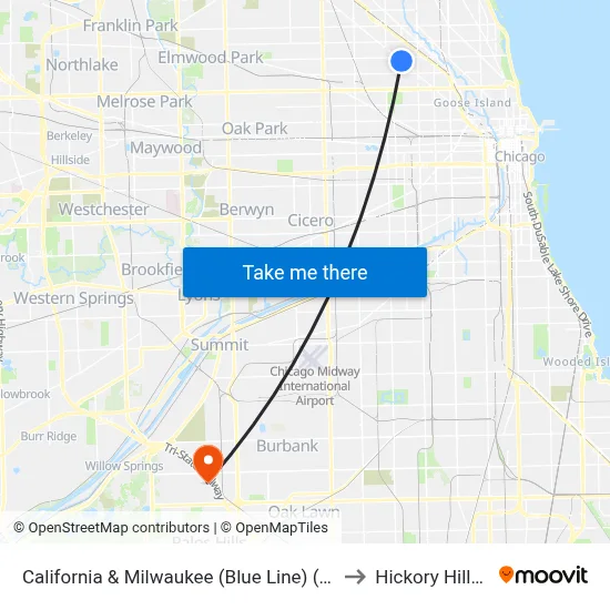 California & Milwaukee (Blue Line) (South) to Hickory Hills, IL map