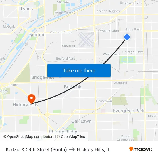 Kedzie & 58th Street (South) to Hickory Hills, IL map