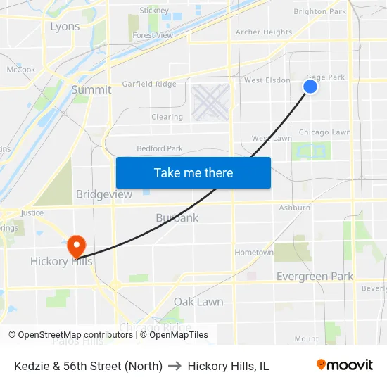 Kedzie & 56th Street (North) to Hickory Hills, IL map