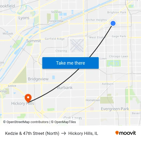 Kedzie & 47th Street (North) to Hickory Hills, IL map