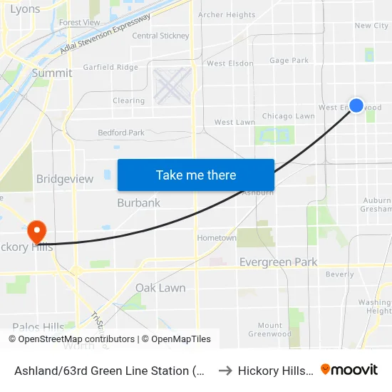 Ashland/63rd Green Line Station (West) to Hickory Hills, IL map