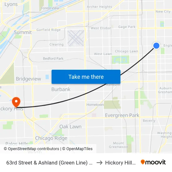 63rd Street & Ashland (Green Line) (East) to Hickory Hills, IL map