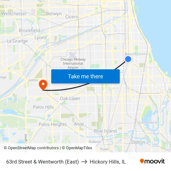 63rd Street & Wentworth (East) to Hickory Hills, IL map