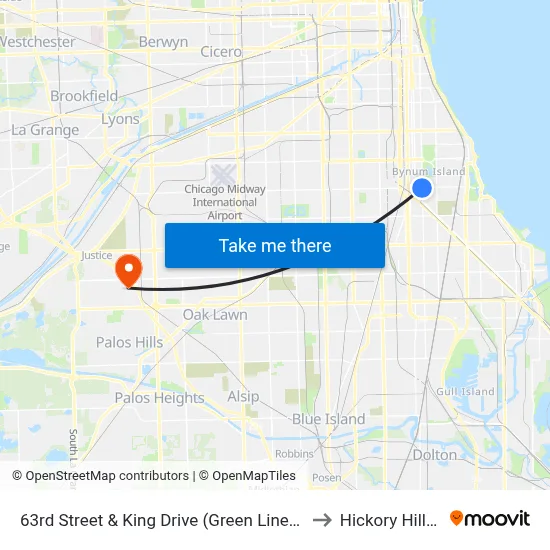 63rd Street & King Drive (Green Line) (East) to Hickory Hills, IL map