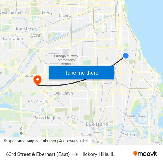 63rd Street & Eberhart (East) to Hickory Hills, IL map