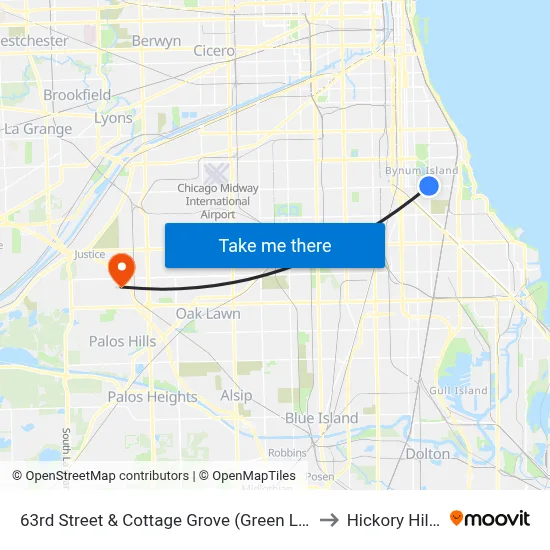 63rd Street & Cottage Grove (Green Line) (East) to Hickory Hills, IL map