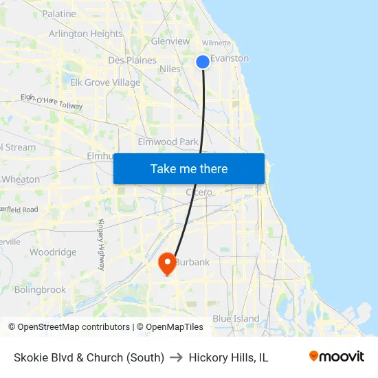 Skokie Blvd & Church (South) to Hickory Hills, IL map