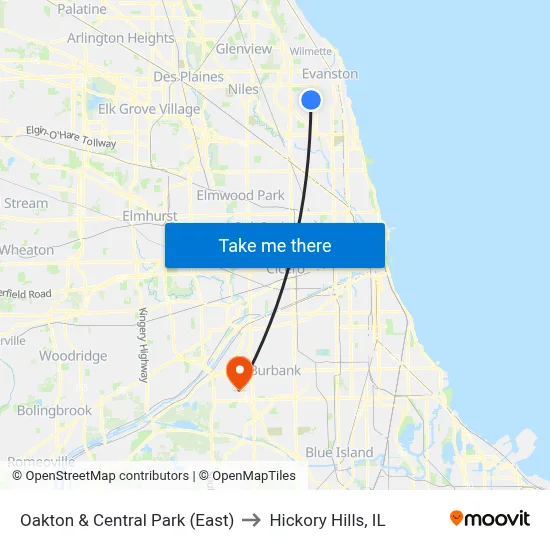 Oakton & Central Park (East) to Hickory Hills, IL map