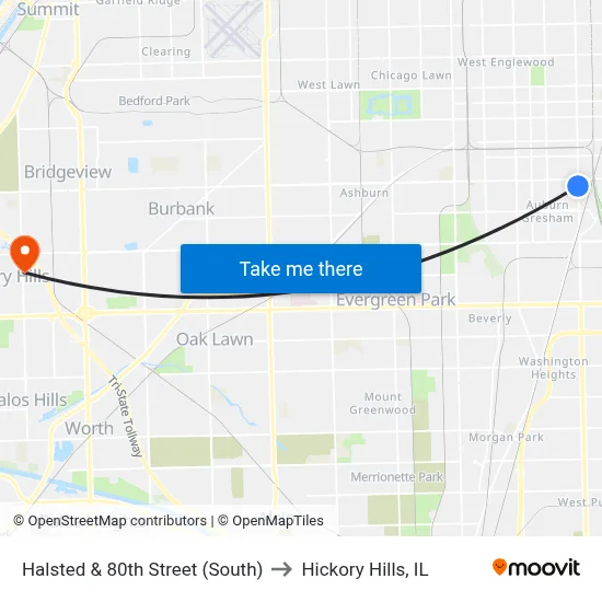 Halsted & 80th Street (South) to Hickory Hills, IL map