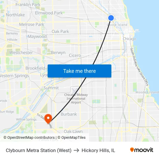 Clybourn Metra Station (West) to Hickory Hills, IL map