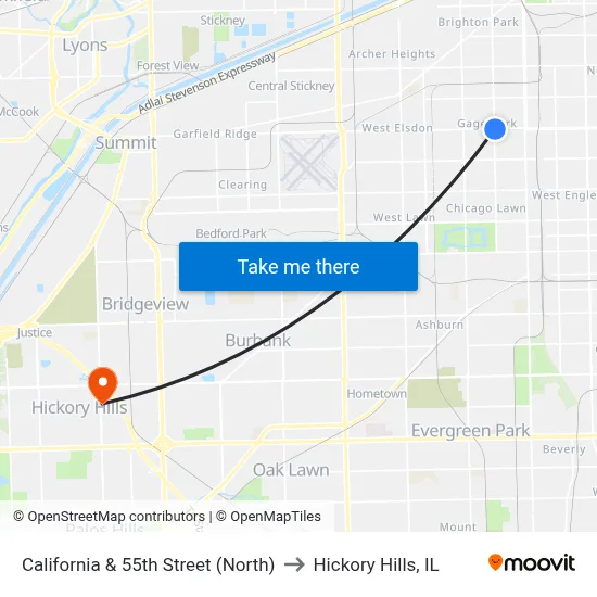 California & 55th Street (North) to Hickory Hills, IL map