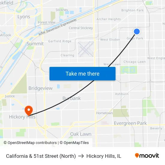 California & 51st Street (North) to Hickory Hills, IL map