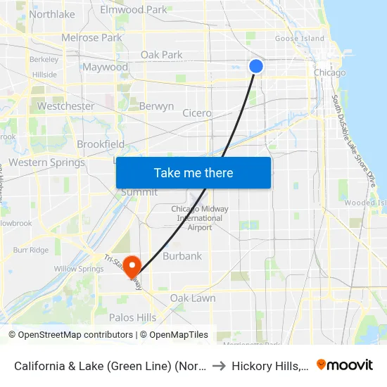 California & Lake (Green Line) (North) to Hickory Hills, IL map