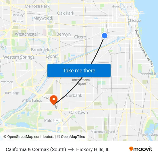 California & Cermak (South) to Hickory Hills, IL map