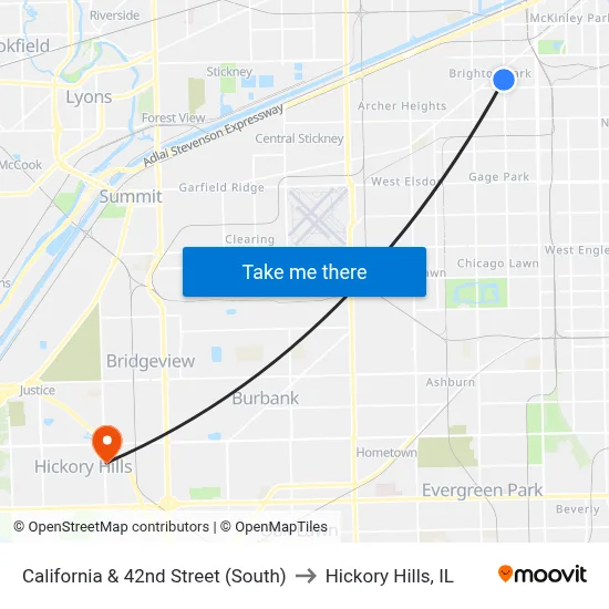 California & 42nd Street (South) to Hickory Hills, IL map