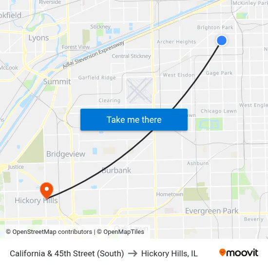 California & 45th Street (South) to Hickory Hills, IL map