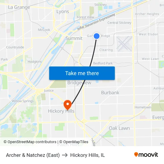 Archer & Natchez (East) to Hickory Hills, IL map