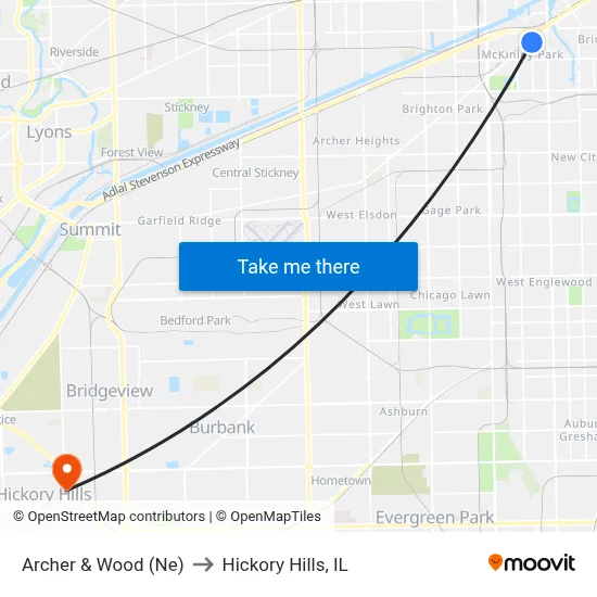 Archer & Wood (Ne) to Hickory Hills, IL map