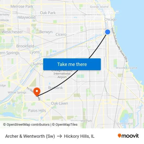 Archer & Wentworth (Sw) to Hickory Hills, IL map