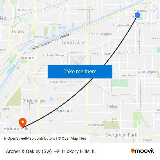 Archer & Oakley (Sw) to Hickory Hills, IL map