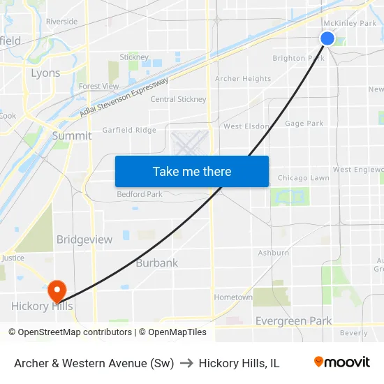 Archer & Western Avenue (Sw) to Hickory Hills, IL map