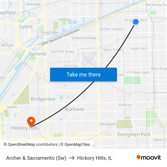 Archer & Sacramento (Sw) to Hickory Hills, IL map