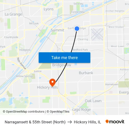 Narragansett & 55th Street (North) to Hickory Hills, IL map