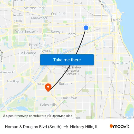 Homan & Douglas Blvd (South) to Hickory Hills, IL map
