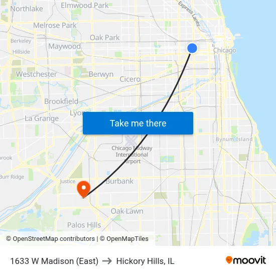 1633 W Madison (East) to Hickory Hills, IL map