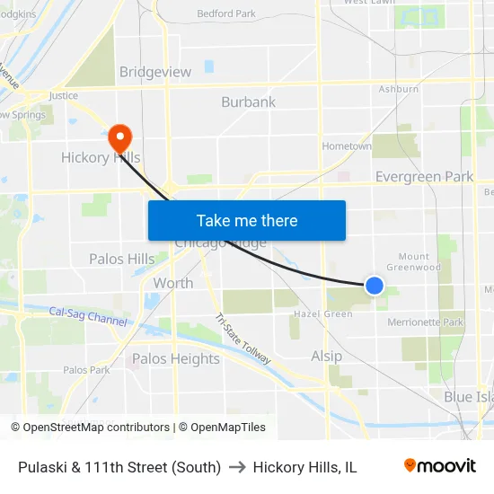 Pulaski & 111th Street (South) to Hickory Hills, IL map