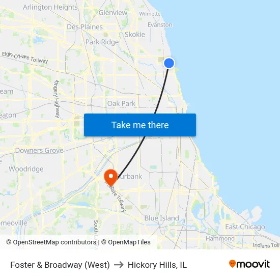 Foster & Broadway (West) to Hickory Hills, IL map