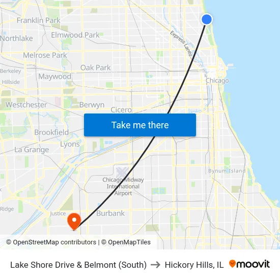 Lake Shore Drive & Belmont (South) to Hickory Hills, IL map