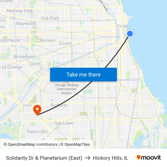 Solidarity Dr & Planetarium (East) to Hickory Hills, IL map