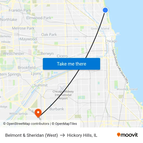 Belmont & Sheridan (West) to Hickory Hills, IL map