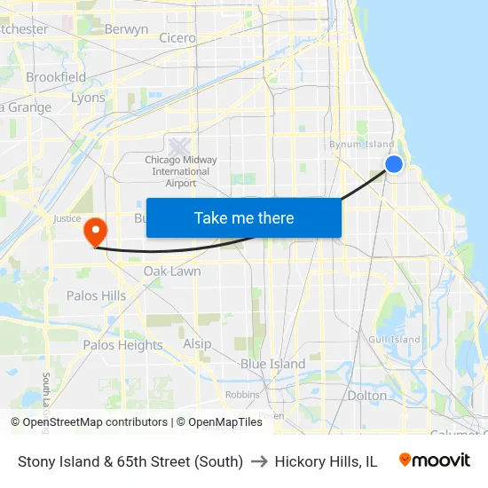 Stony Island & 65th Street (South) to Hickory Hills, IL map