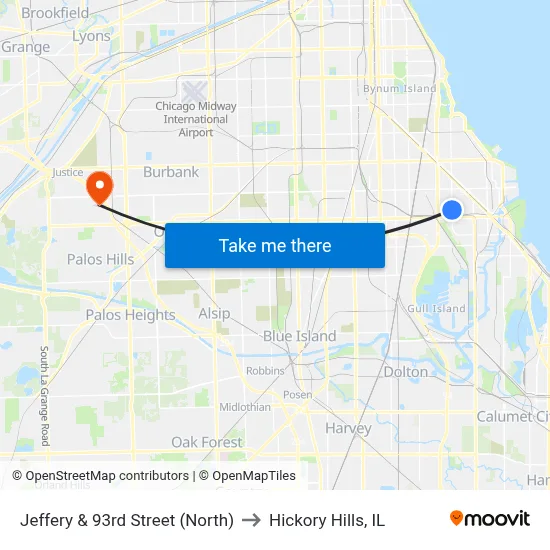 Jeffery & 93rd Street (North) to Hickory Hills, IL map