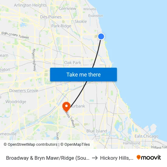 Broadway & Bryn Mawr/Ridge (South) to Hickory Hills, IL map
