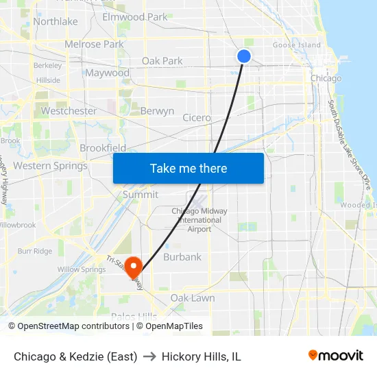 Chicago & Kedzie (East) to Hickory Hills, IL map