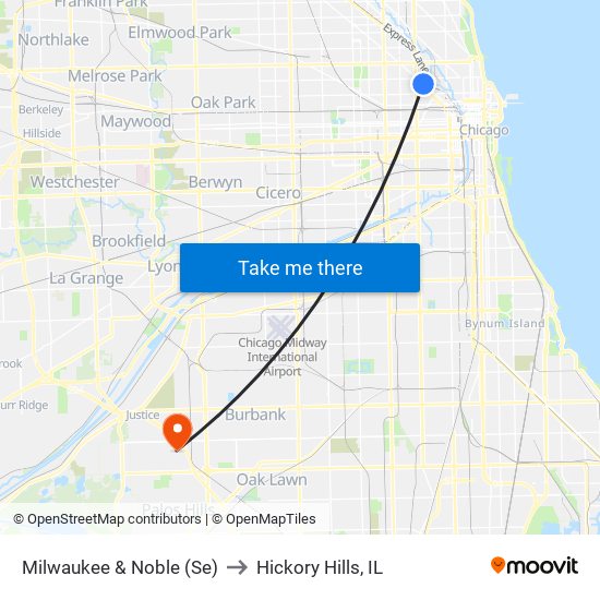 Milwaukee & Noble (Se) to Hickory Hills, IL map