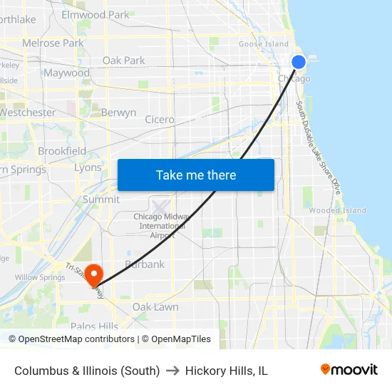 Columbus & Illinois (South) to Hickory Hills, IL map