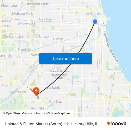 Halsted & Fulton Market (South) to Hickory Hills, IL map