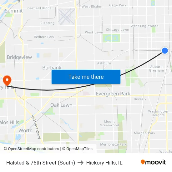 Halsted & 75th Street (South) to Hickory Hills, IL map