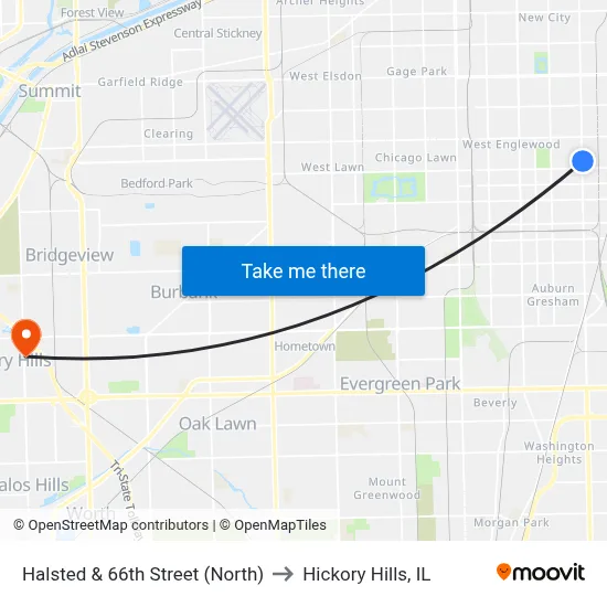 Halsted & 66th Street (North) to Hickory Hills, IL map