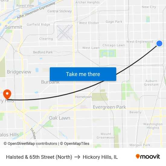 Halsted & 65th Street (North) to Hickory Hills, IL map