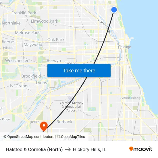 Halsted & Cornelia (North) to Hickory Hills, IL map